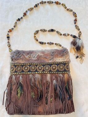Handmade Boho Fringe Crossbody Purse Faux Fur Beaded Strap Feather Festival Bag